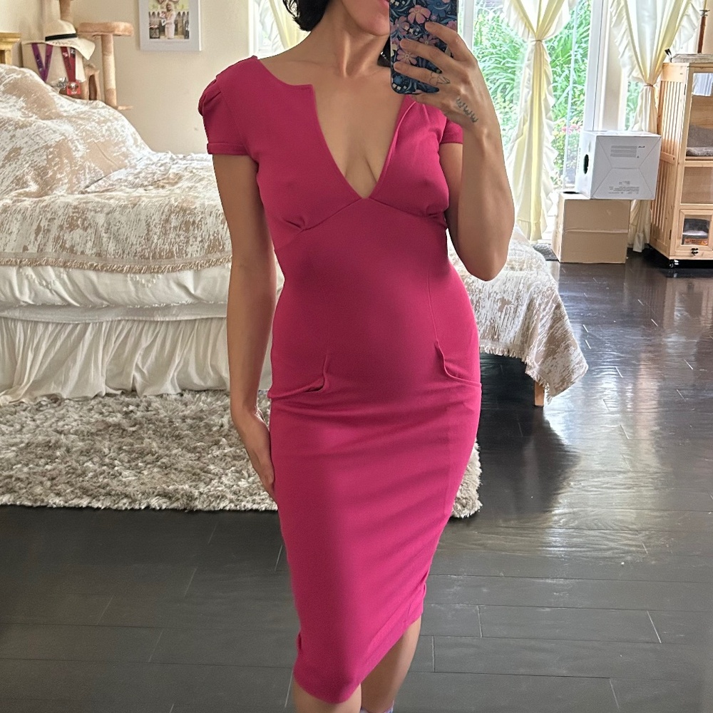 ASOS Pink Midi Dress Deep V Neck Short Sleeve Size Small